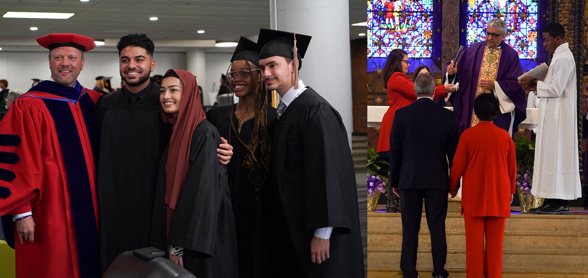 At left, five people standing in robes inside of a building and smiling and at right, five people stand inside of a church with stained glass windows in the background.