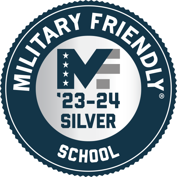23-24 Military friendly school silver rating graphic with a large MF in the center