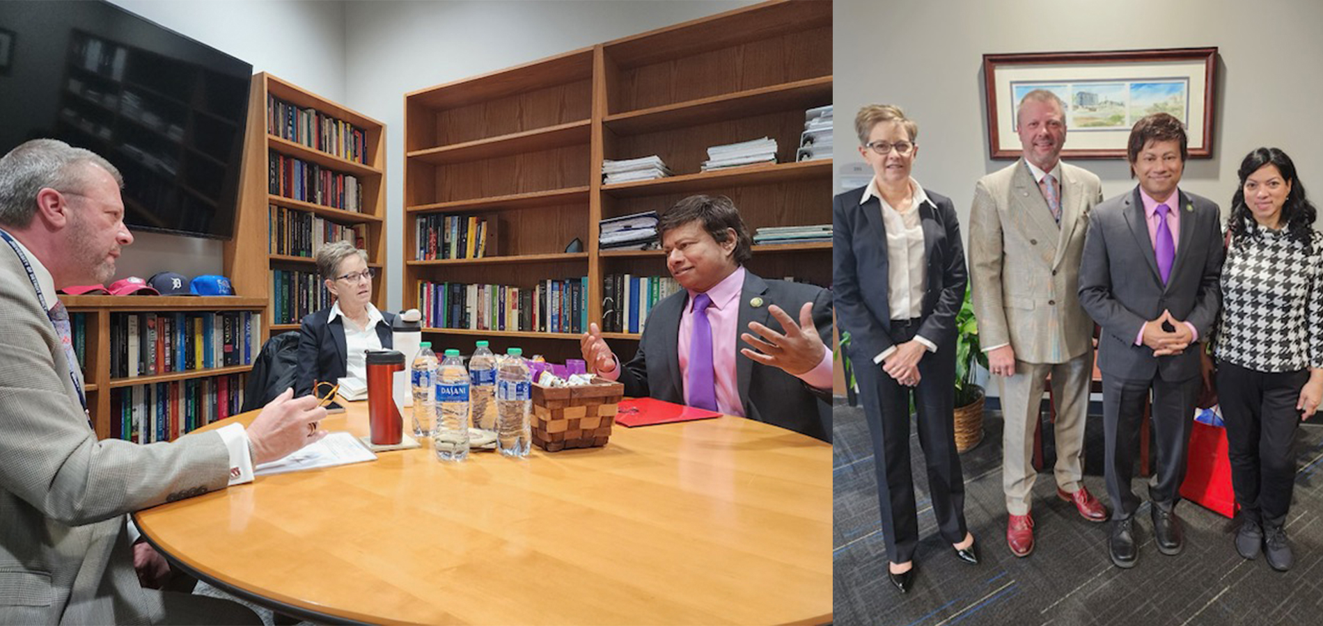 Donald B. Taylor and Ann Serra meet with U.S. Congressman Shri Thanedar (left photo) while they pose with Thanedar and his wife for a photo (right)