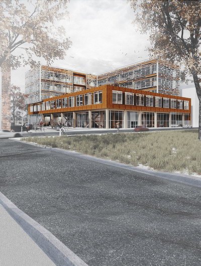 A rendering of Timber Integrative Means + Biophilic Resilience, showing the entire five-story building at a corner angle from a stretch of sidewalk in Detroit's Rivertown district.