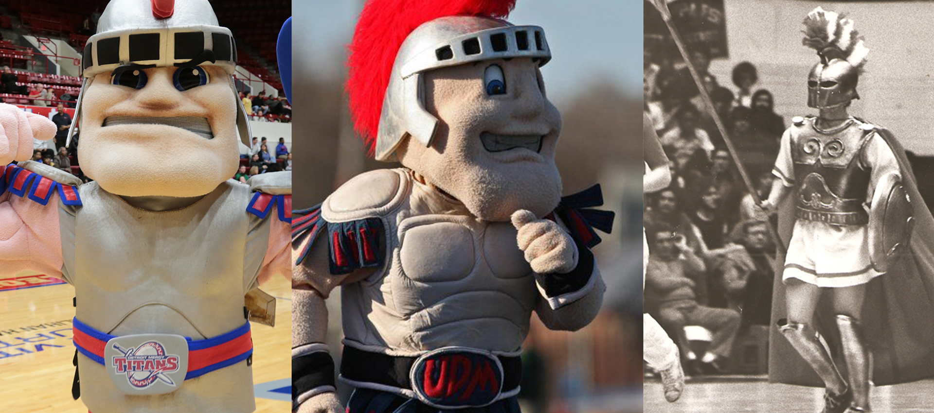 Three versions of Tommy Titan are split amongst three photos, two as a mascot and the one on the right as a physical person, during a game at Calihan Hall.