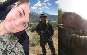 A combined photo of Lauren Harman, Joe Maki and David Shears during their time serving in the military. Harman's photo is a selfie of her in a vehicle while wearing her fatigues. Maki, dressed in his military uniform, is holding a military weapon at his side with a mountain range in the background. Shears rubs his head while sitting down in his military uniform.