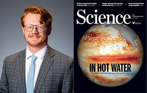 Nick Boynton's headshot is next to the Science magazine cover in which his paper was published. The magazine has an illustration of a planet with text that reads In Hot Water.