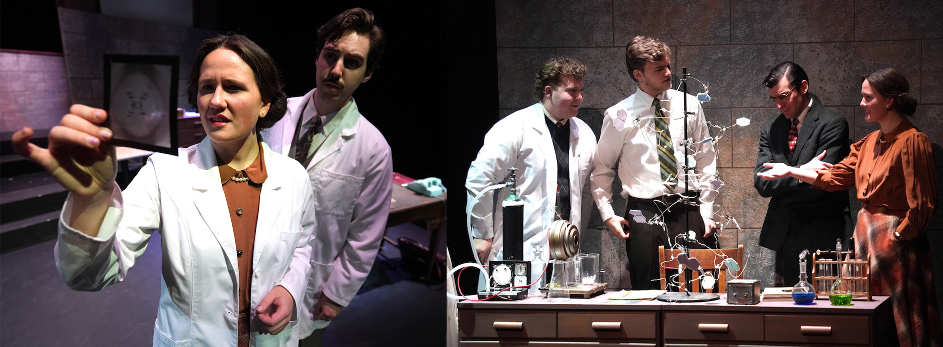 Two photographs from DMTC’s production of Photograph 51 are combined into one image. On the left, an actress holds an image in her hand while she and an actor look at it. On the right, four actors gather behind a table filled with science materials as they have a discussion.