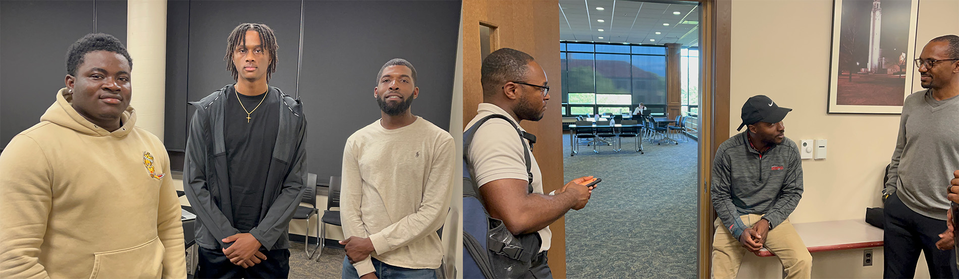 Three students who are members of The League pose for a photo on the left side. On the right side, members of The League talk amongst each other.