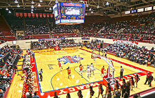 A basketball game inside Calihan Hall.