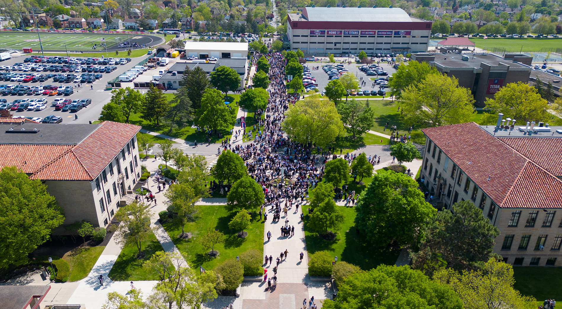An aerial photo of the McNichols Campus during Commencement.
