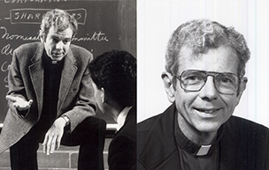 Fr. Cavanagh teaching a student, and a portrait photograph of him.