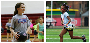 A girl plays with a basketball while another girl plays lacrosse.