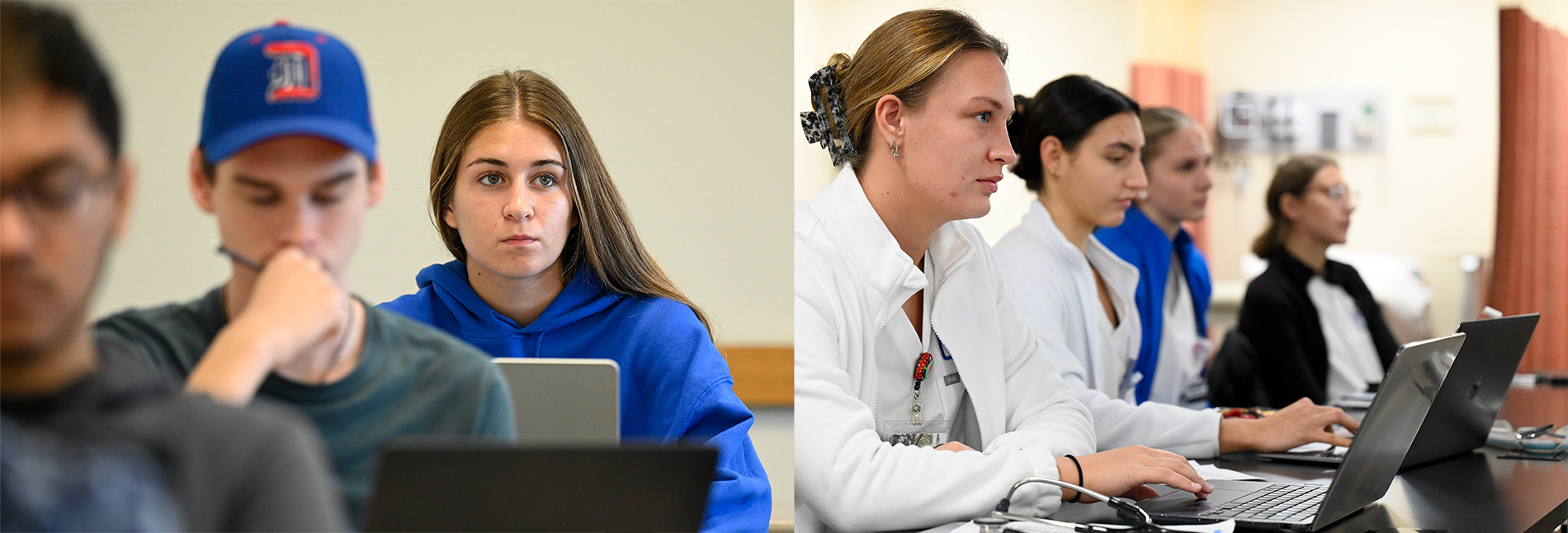 A combined image of business and nursing students at laptops during a lecture.