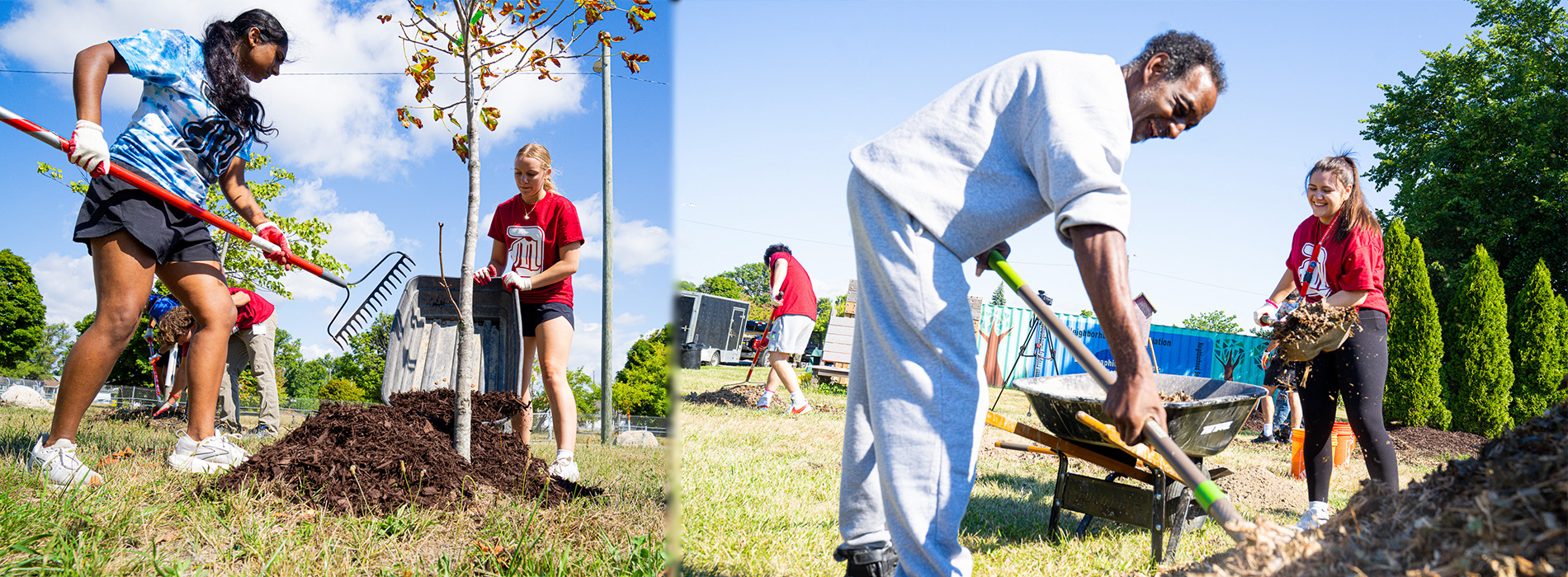 A banner image of two photos of students working in community engagement projects, spreading mulch in both photos with the one on the right featuring a community member.