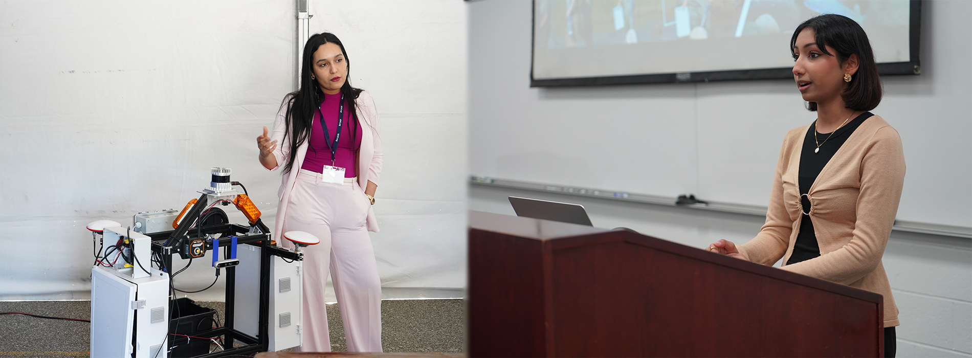 Students Amna Ben Abdelkader and Sam Abedi present at a podium (right photo) and stand near their robot (left photo).