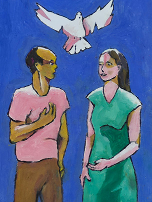 An illustration of a man and a woman with a dove flying above them.