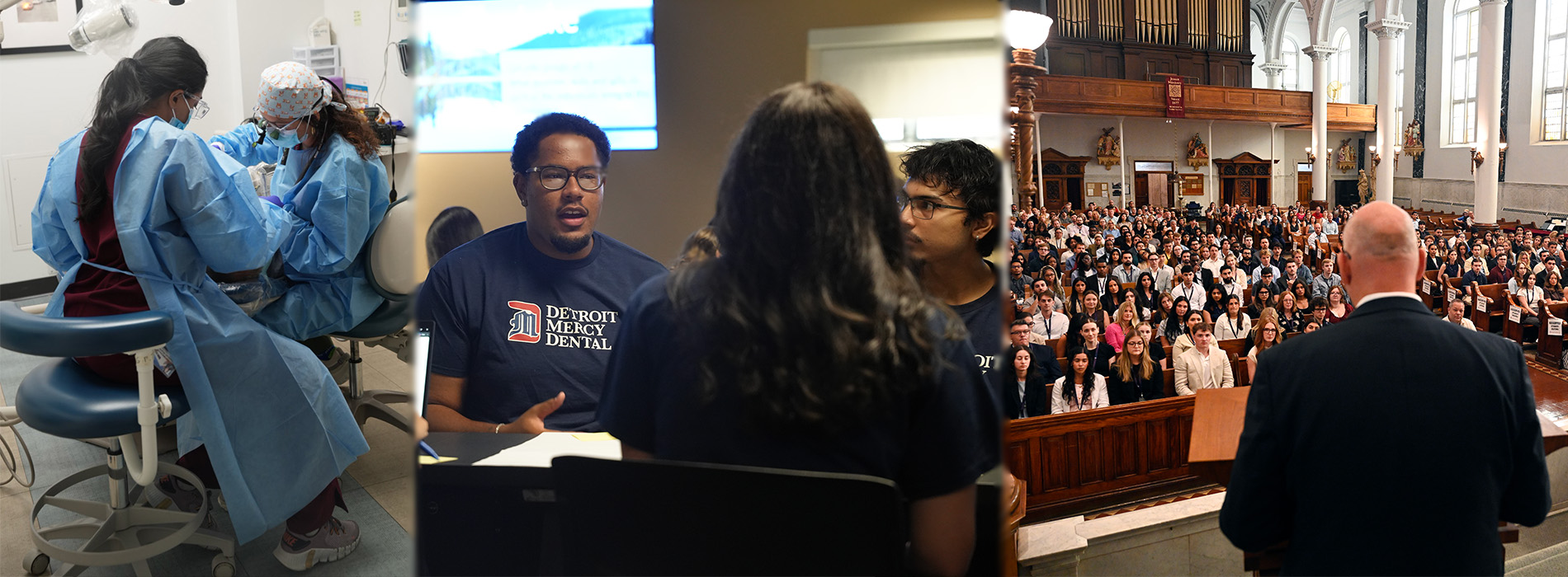 Three images in one full width image. From left to right: dental students work on a patient during the first week of classes; dental students socialize during class; the School of Law dean stands at a podium during an orientation event, as students in the crowd listen.