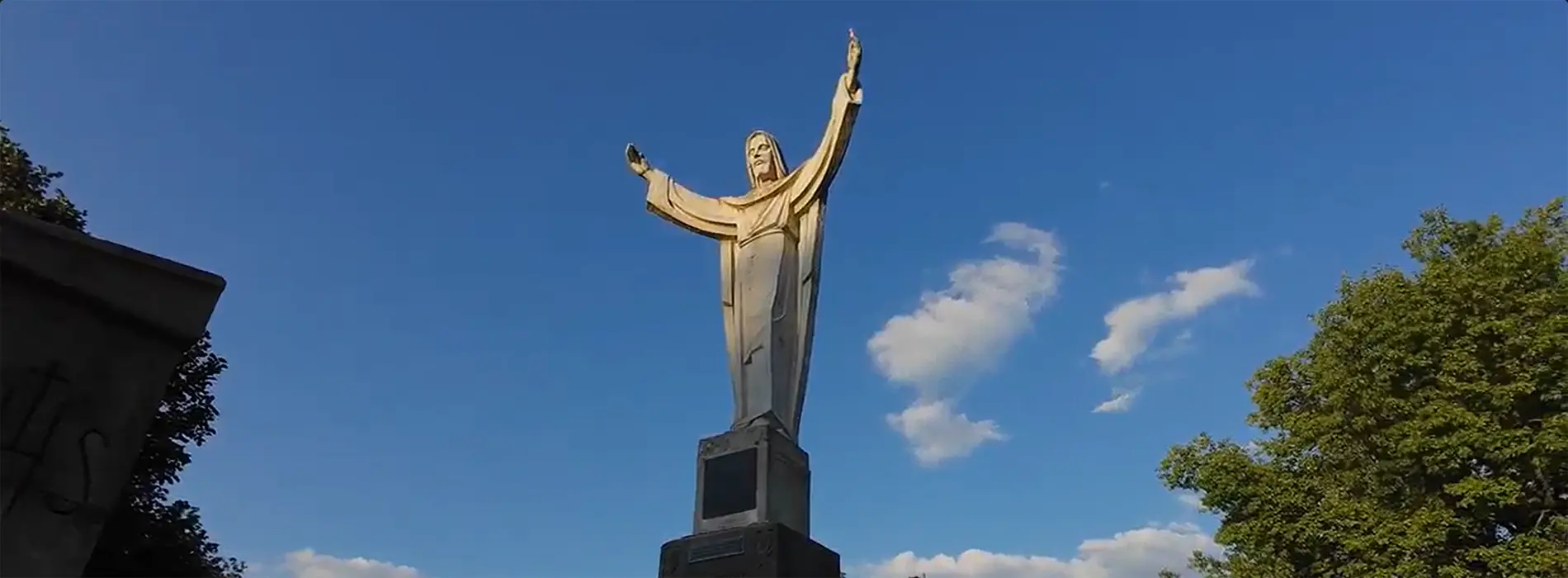 McNichols Campus drone shot of td jesus statue