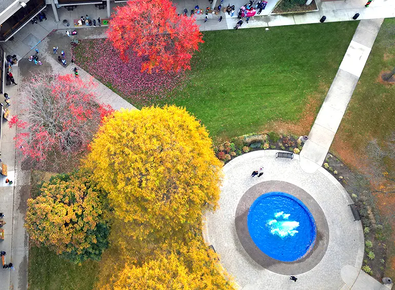 drone view of the fountain in the student union square