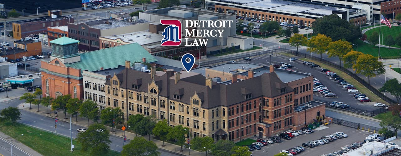 aerial image of downtown law school in detroit