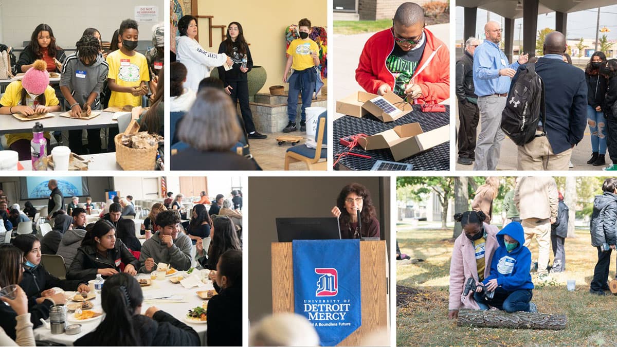 Collage of events at the Bioneers 2022 conference ranging from learnshops, city tours, to students in the dining hall