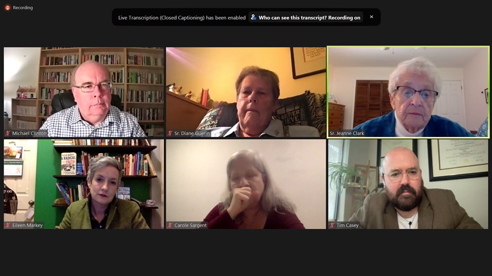 Six panelists on screen from the virtual event Critically Concerned: Catholic Women Religious and the Nonviolent Quest for Peace and Justice, Experiences and Perspectives. A Virtual Roundtable Discussion