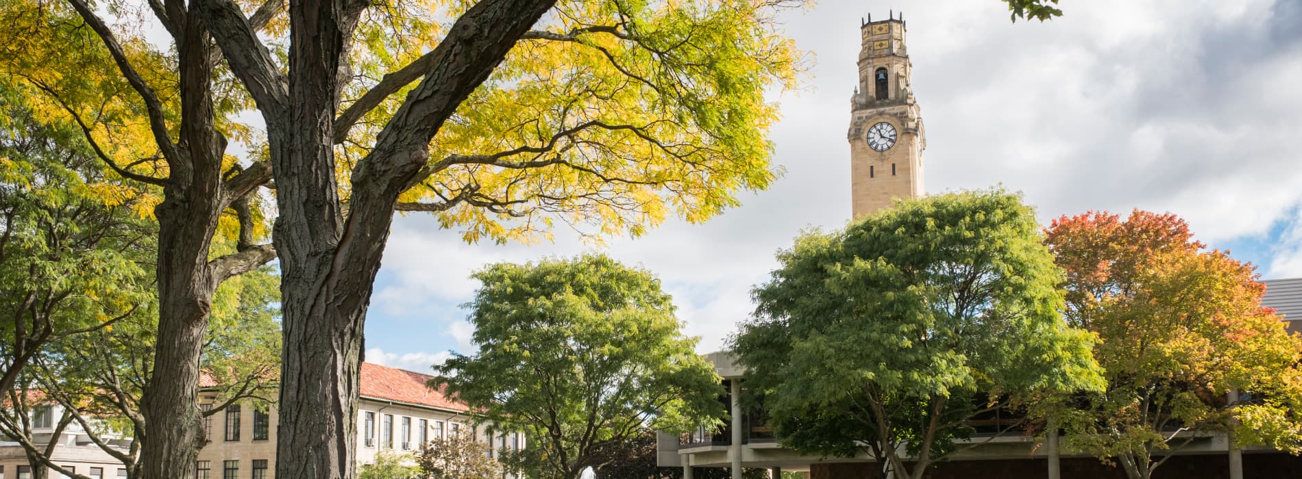 Detroit Mercy's clocktower and fountain