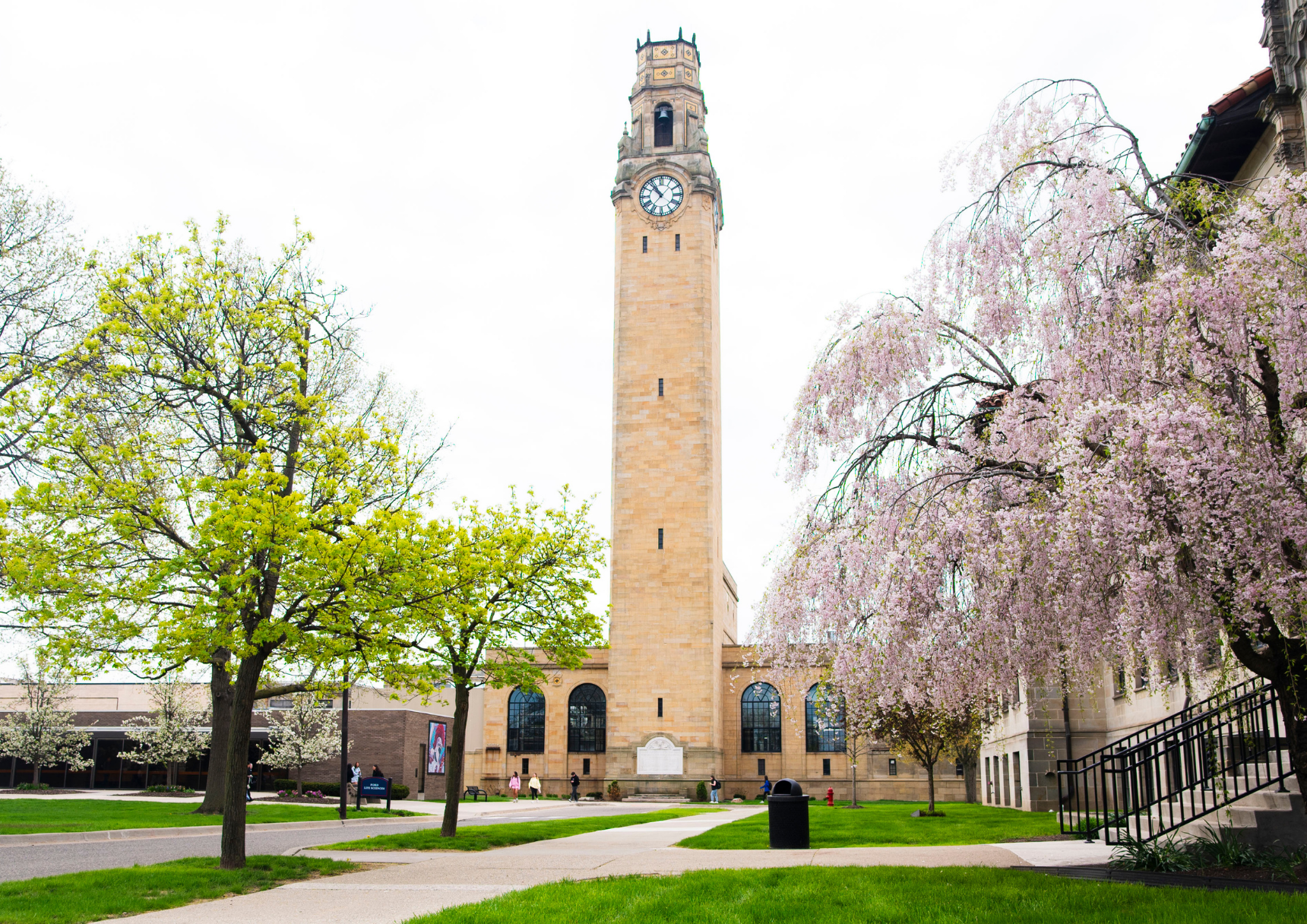 Detroit Mercy's clocktower on a spring day