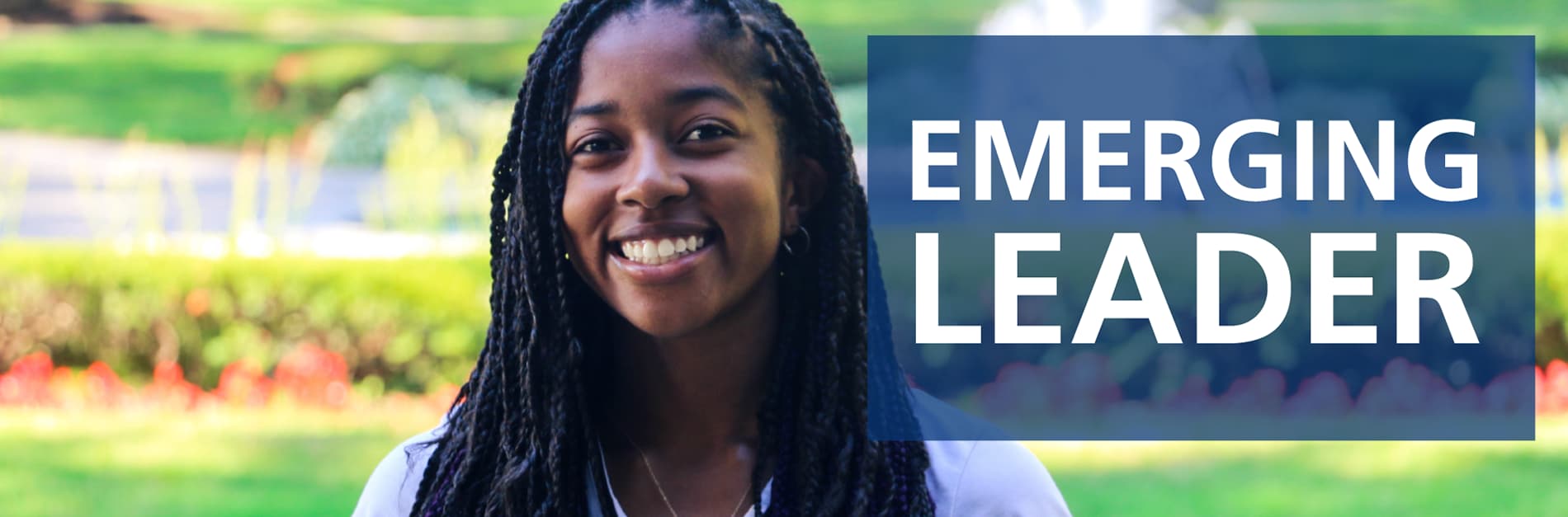 black female student smiling, text says emerging leader