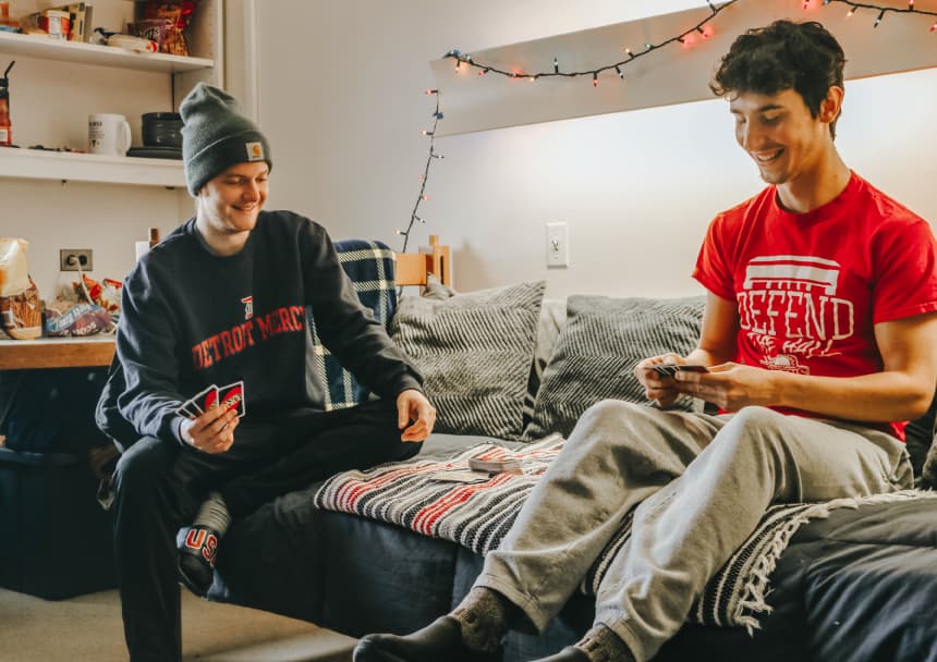 dorm room with students