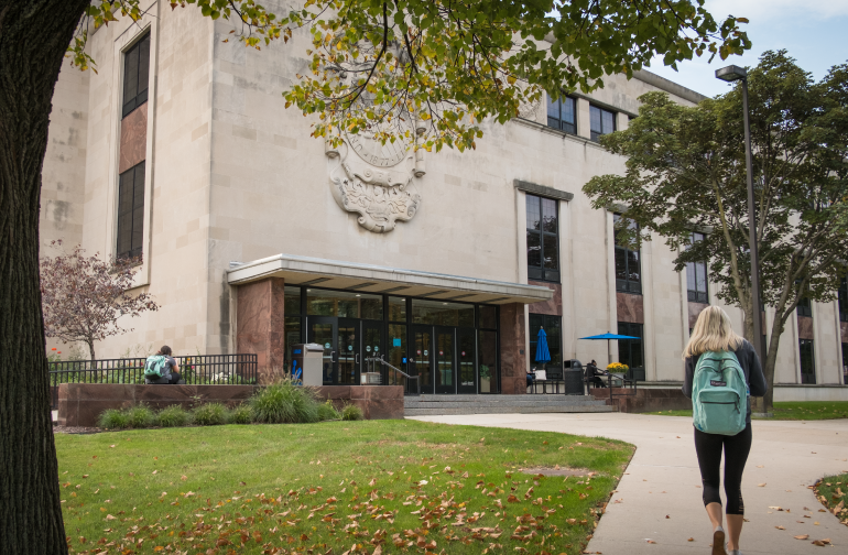 Student walking to the library