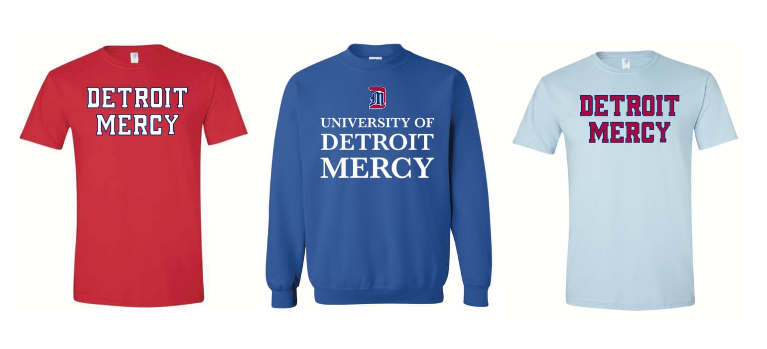 Two Detroit Mercy shirts and one Detroit Mercy crewneck