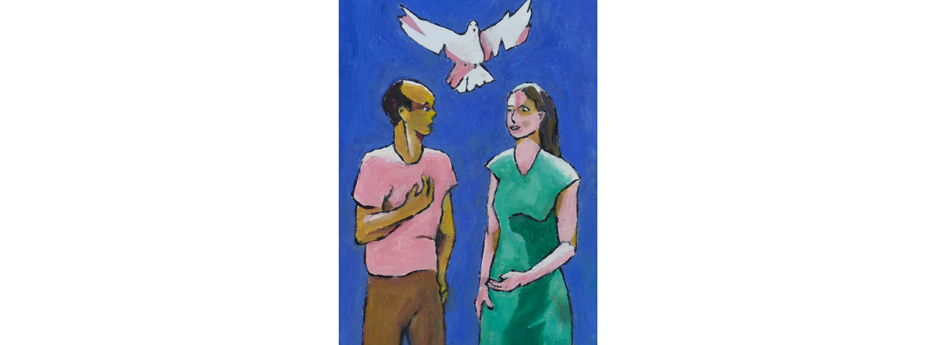 A painting of a man and woman standing under a dove