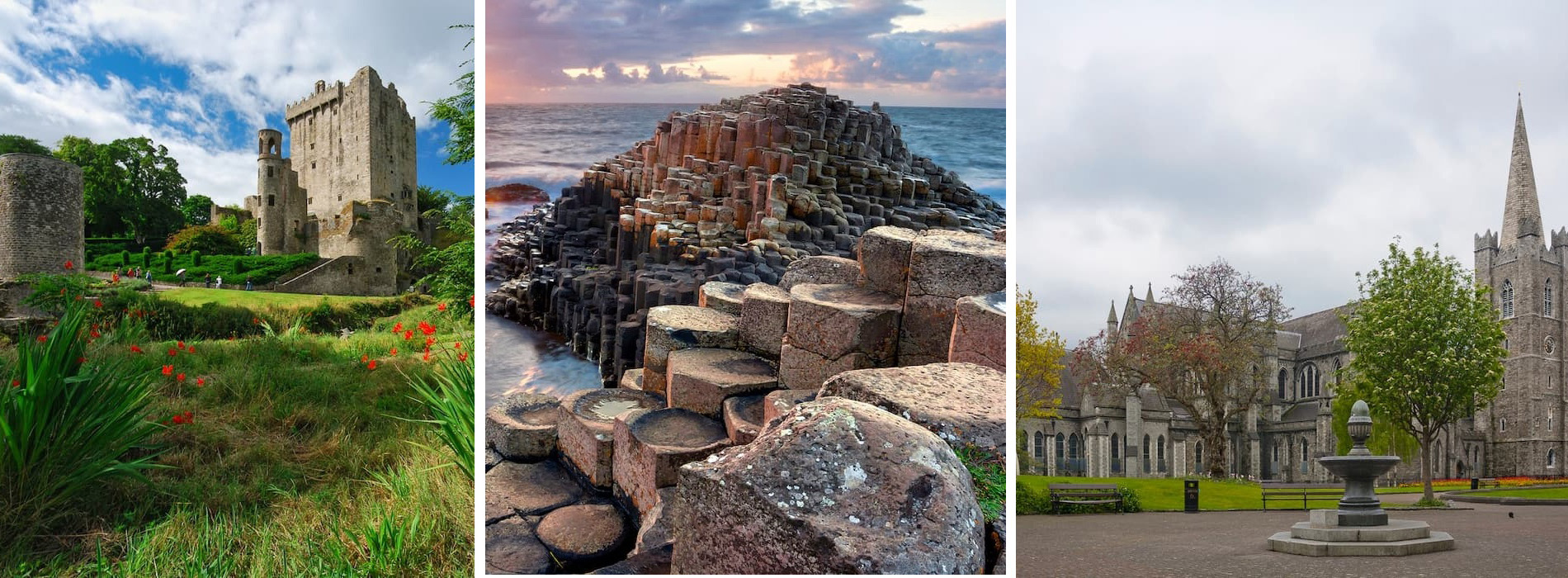 Images of Blarney Castle, Giant's Causeway, and St. Patrick's Cathedral in Ireland