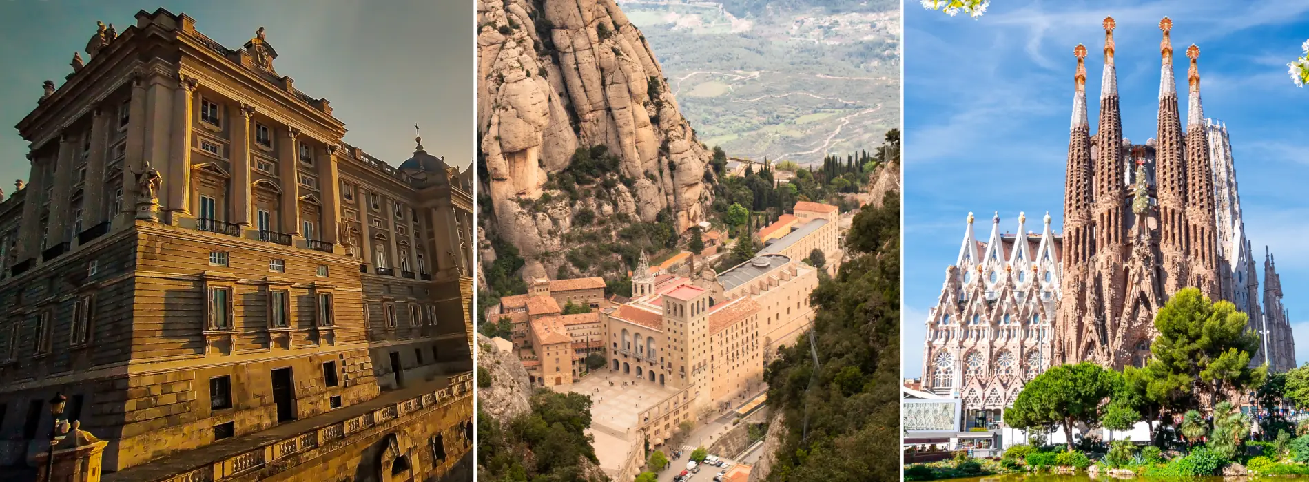 Photos of the Royal Palace in Madrid, the Benedictine Archabbey of Montserrat, and La Sagrada Familia Church in Barcelona