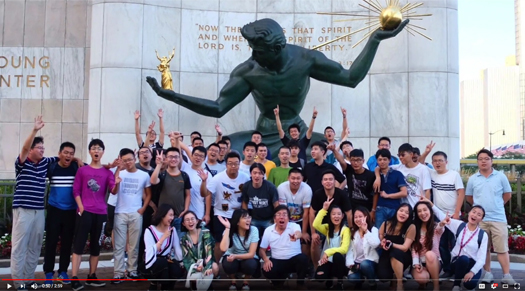 Chinese Cohort Orientation group posing in downtown Detroit