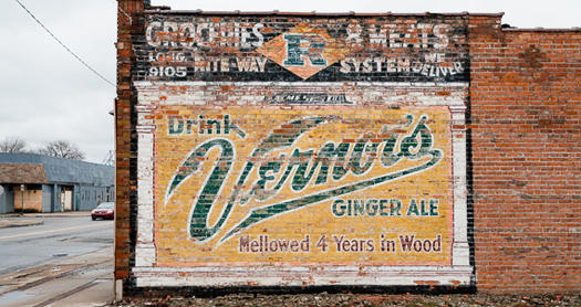 Vernors mural on brick down McNichols Road west of Livernois Avenue