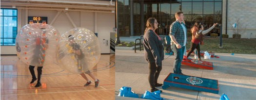 Bubble Soccer and Cornhole games at De-Stress Fest