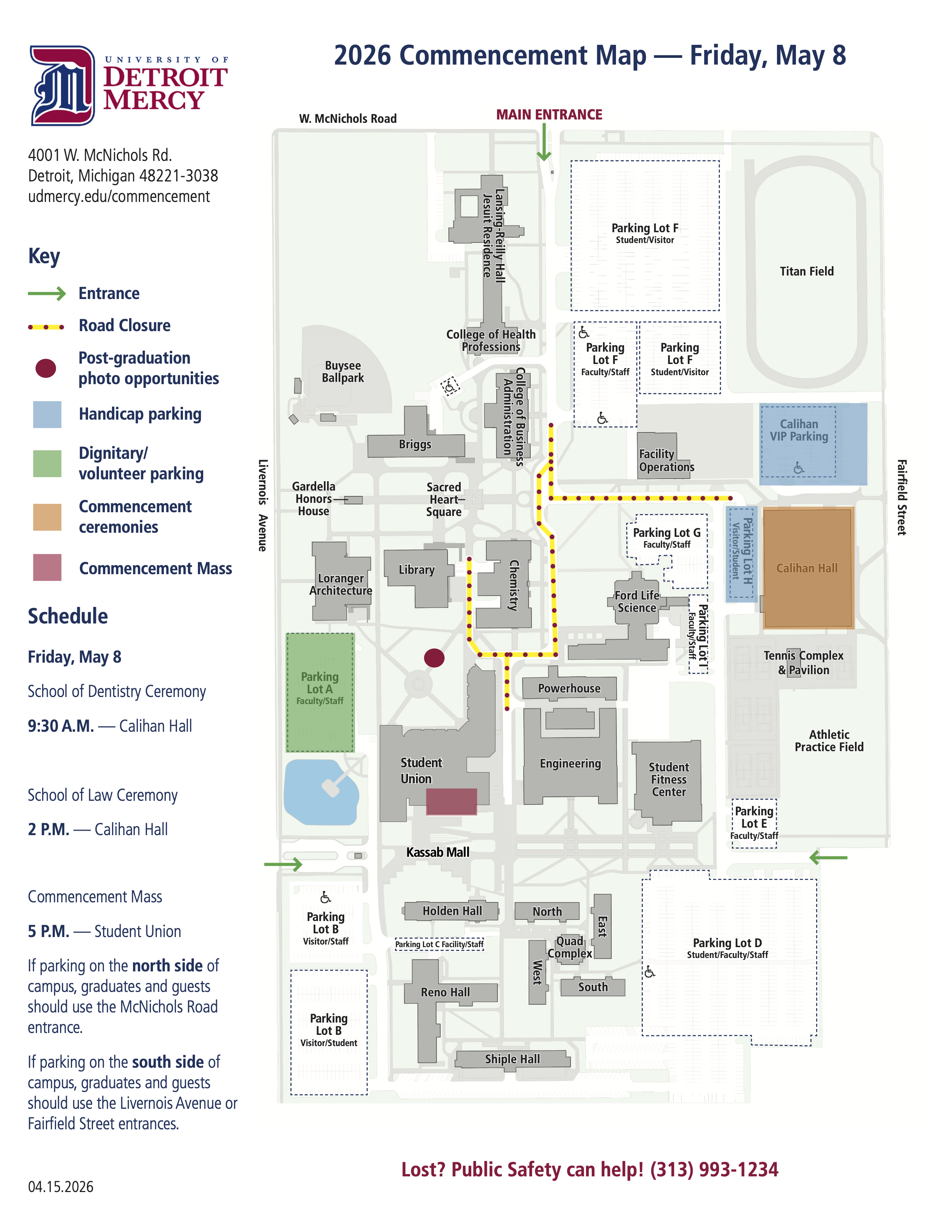 A detailed map for Commencement ceremonies on Friday, May 8