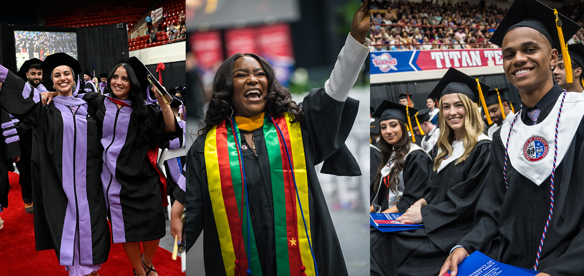 Graduates smile and celebrate wearing University of Detroit Mercy robes inside of Calihan Hall.