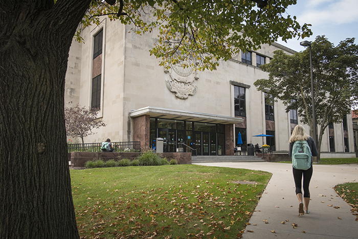 Student walking to library