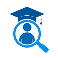 icon magnfier over person topped with grad cap