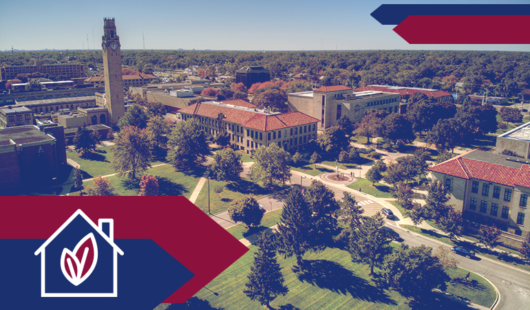 Campus Aerial with graphic overlay of arrows and sustainable energy symbol