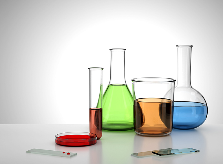 chemicals in beakers