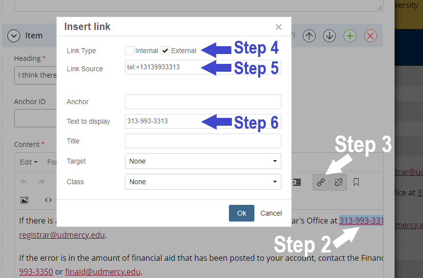 Screen shot showing steps to edit a phone number link in Cascade CMS.