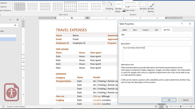 table properties, alt text tab, add description