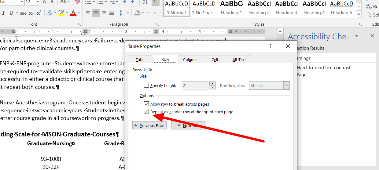 table properties, row tab, add header row across pages