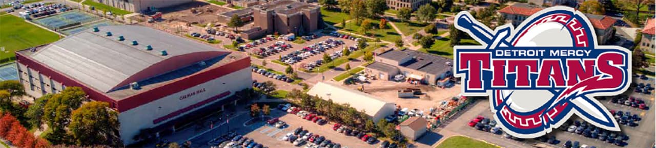 aerial view of calihan hall and detroit titans logo