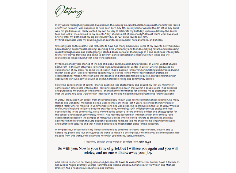 Adia Palmer's obituary