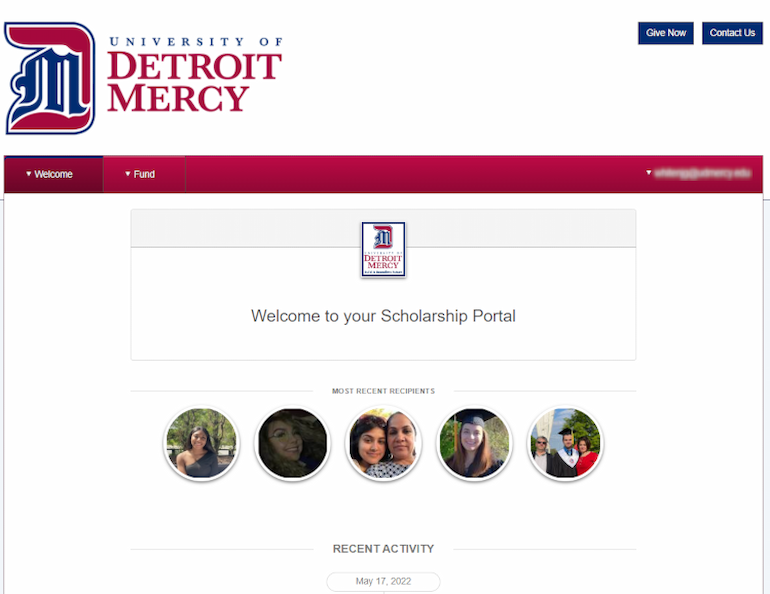 Screen shot of donor portal's welcome page
