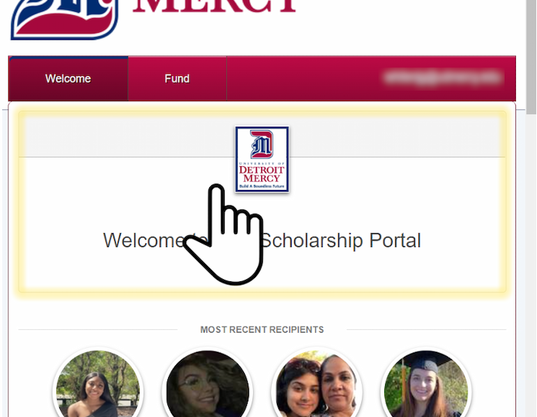 Screen shot of user clicking welcome box
