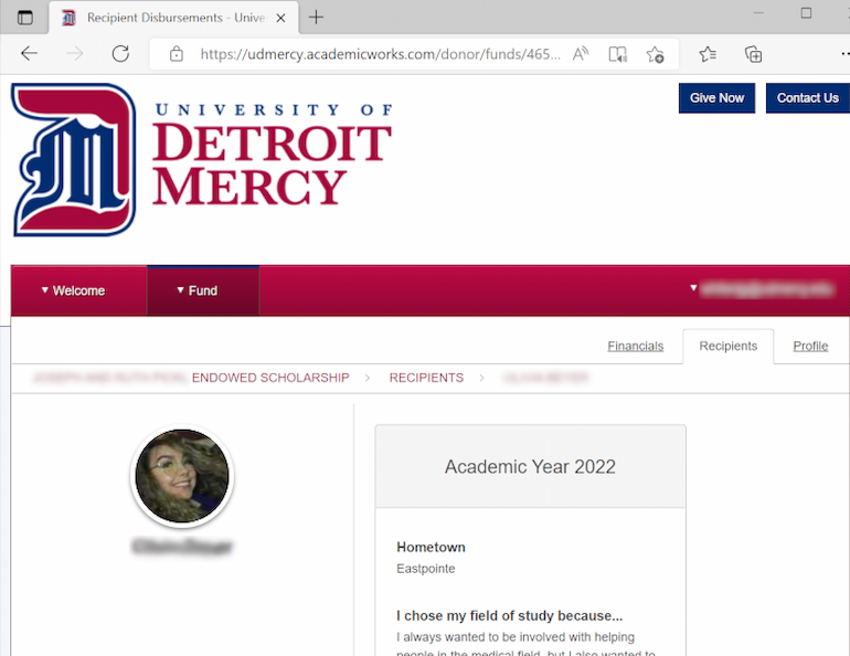 Screen shot of recipient page