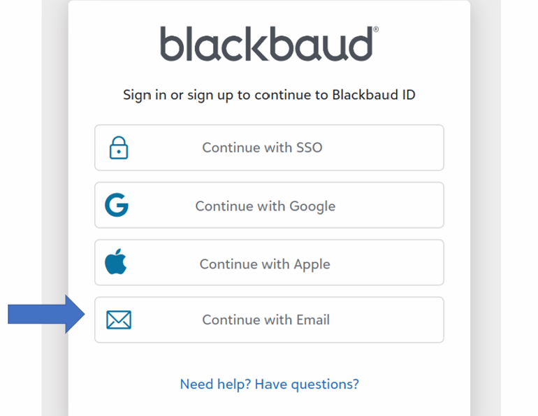 screenshot of sign-in or signup options to continue to Blackbaud